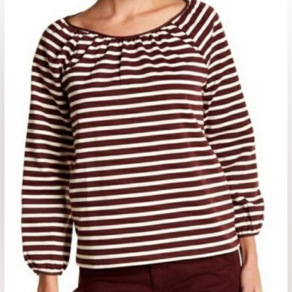 J. Crew Merlot Cotton Striped Tie Back Long Sleeve Structured Top